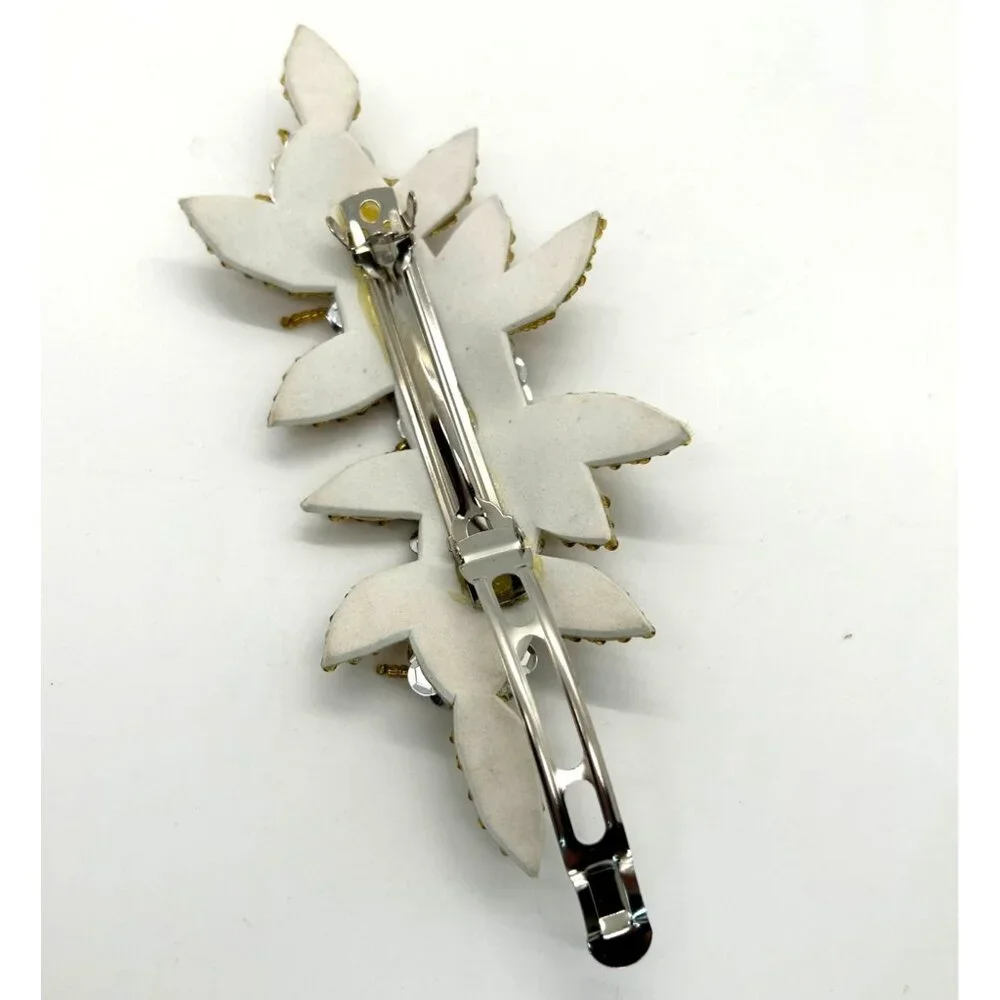 Floral Hair Barrette Bridal Prom Formal Gold-Tone Beaded & Silvertone Sequin - Picture 7 of 10